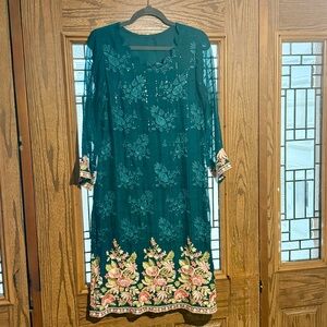 EUC Floral Embroidered Sequined Green Kurta Tunic
